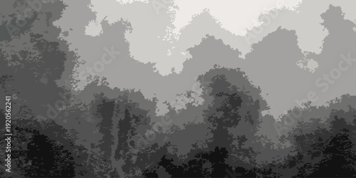 Vector Mystical grayscale forest scene shrouded in fog, creating an atmosphere of mystery, nature, and the serene beauty of the wilderness