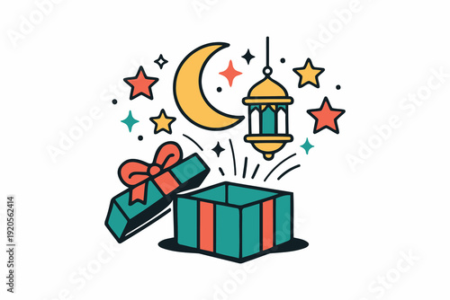 open gift box with ramadan elements: moon,lantern,stars,and colorful sparkles