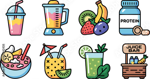 
Colorful tropical smoothie bowl and iced drink flat design vector illustration