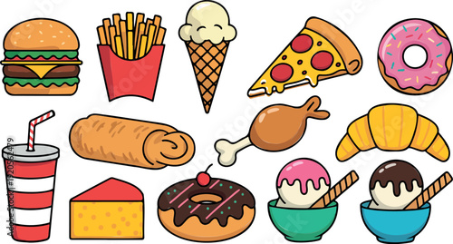 Delicious fast food combo burger, fries, drink, and cake flat design vector illustration