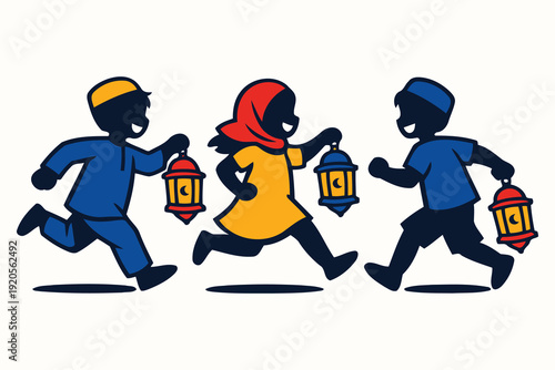 children in silhouette running with ramadan lanterns,celebrating joyfully