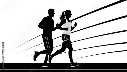 Running man and woman, isolated vector silhouettes. Run, side view. Silhouettes of athletic looking male and female runners running. Transparent background EPS version.