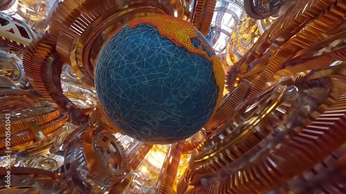 Abstract Globe Surrounded by Intricate Mechanical Structures and Gears.