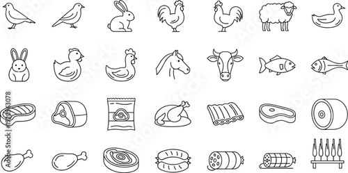 Farm animals and meat food outline icons set, livestock poultry butcher products symbols, minimal line vector illustration collection design