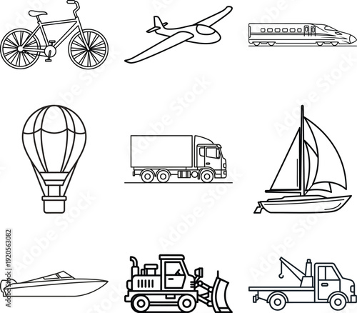 Comprehensive Collection of Transportation and Industrial Vehicle Line Icons Including Bicycle Glider High Speed Train Hot Air Balloon Cargo Truck Sailboat Speedboat Bulldozer and Tow Truck for Logist