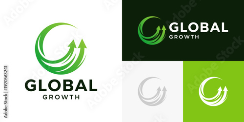 Simple global growth logo design template illustration. Globe logo with arrow design graphic vector. Symbol, icon, creative