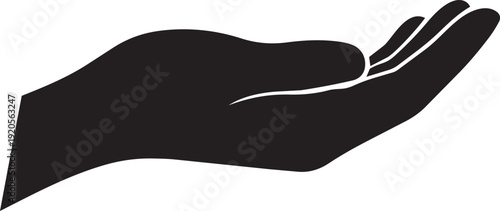 A black silhouette of an open hand, palm up, symbolizing giving, offering, or receiving in a minimalist vector graphic.