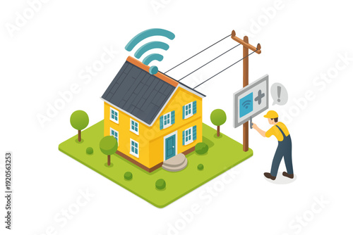 A utility worker installing a smart home device on a residential property