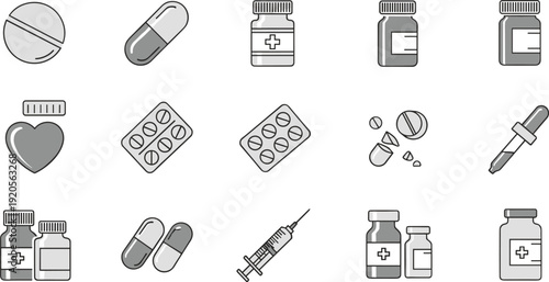 Medical pills and pharmacy icons set, medicine bottles capsules syringe healthcare medication symbols outline vector illustration collection pack