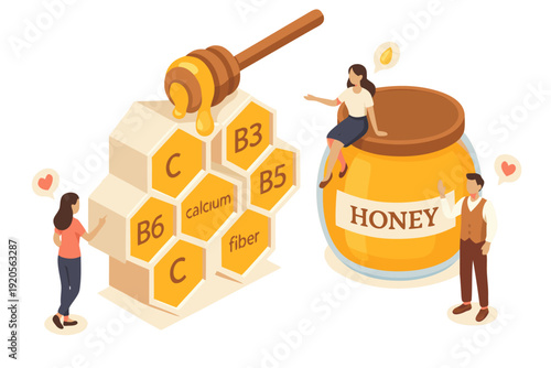 A cartoon illustration of people interacting with a giant honey jar and honeycomb blocks