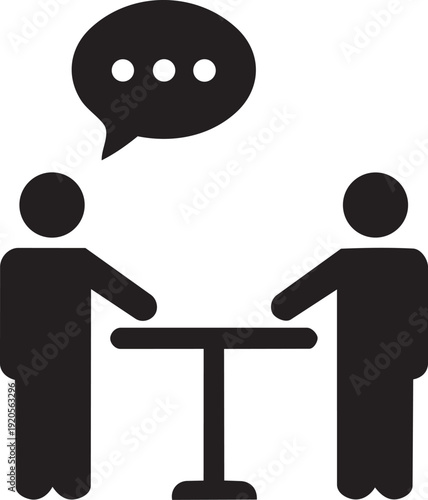 Two figures at a table with a speech bubble, representing conversation, meeting, or business discussion in a simple vector.