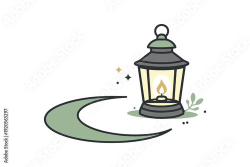 islamic lantern and crescent moon with starry background.
