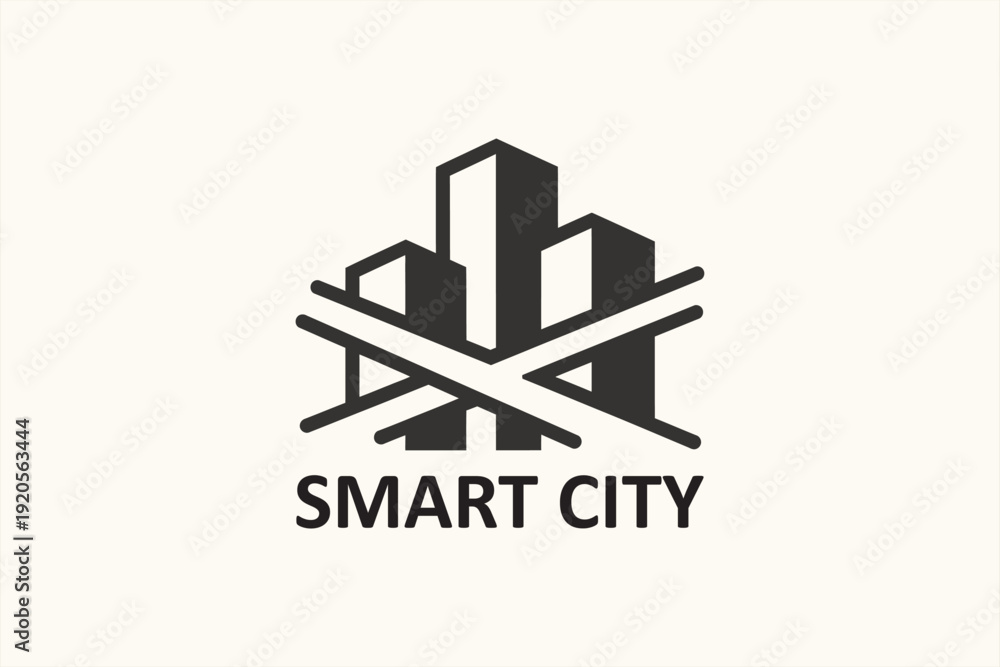 Obraz premium Smart City Logo Icon with Modern Buildings and Network Lines for Urban Technology and Connectivity