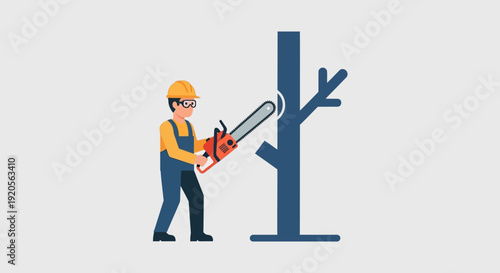 Arborist Man Trimming Tree Branches with Chainsaw, Professional Tree Care Isolated Studio Background