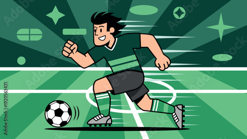Vector illustration of a soccer player running across the field with the ball at his feet. The leaning posture and clean lines convey movement and speed, soccer field background.
