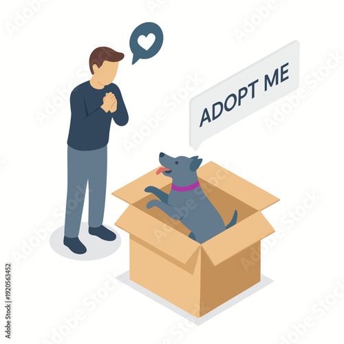 A man considers adopting a dog from a cardboard box