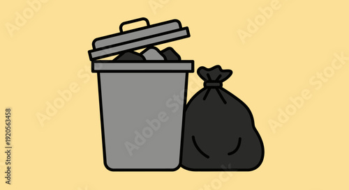 Overflowing trash can with a lid and a full garbage bag next to it, waste disposal illustration on a light yellow background.