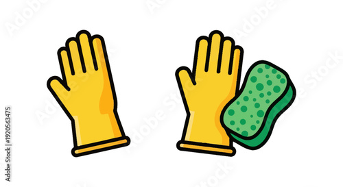 Pair of yellow rubber protective cleaning gloves and a green scrubbing sponge, isolated white background.
