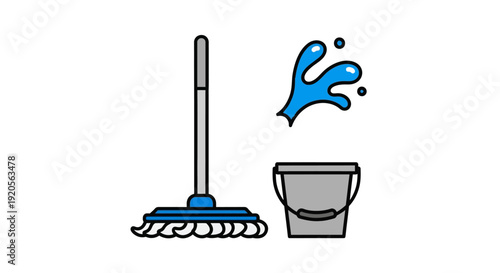 Blue cleaning mop and grey bucket with a water splash, household hygiene illustration, isolated white background.