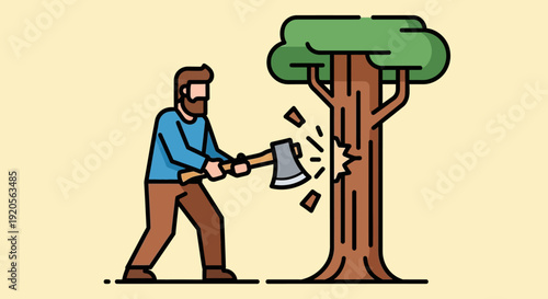 Bearded Man Chopping Tree with Axe, Lumberjack Work in Forest on Bright Studio Background