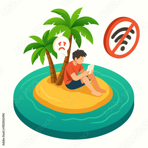 A frustrated man sitting on a deserted island with no internet connection