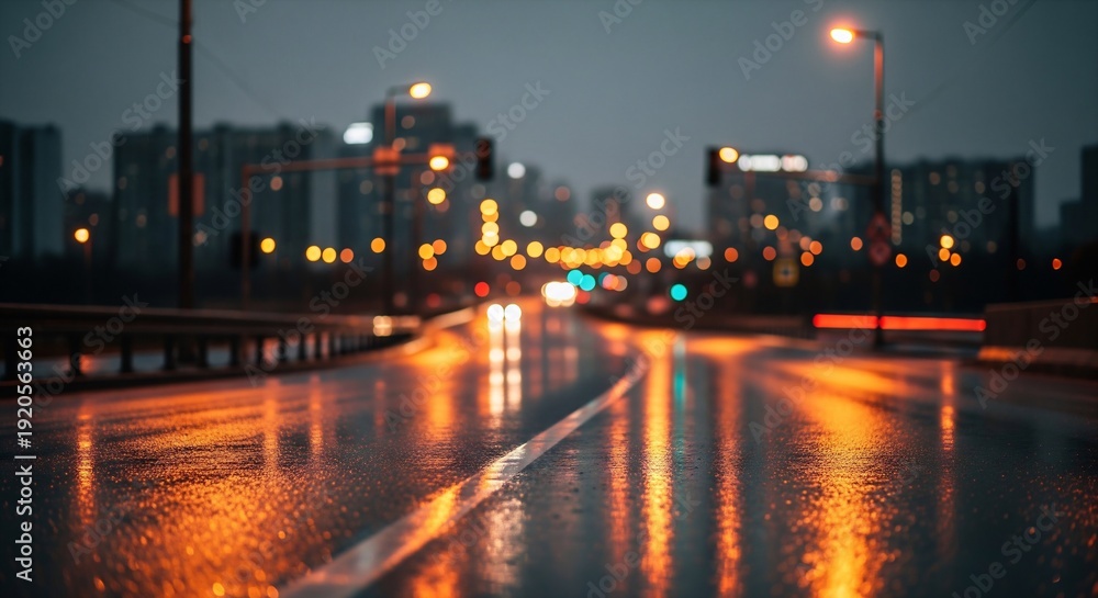 Obraz premium Rainy city street at dusk with blurred traffic lights and buildings