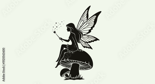 Elegant silhouette fairy sitting on a mushroom, holding a magic wand with sparkling dust, mystical fantasy art on a light green background.