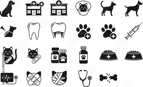 Veterinary clinic pet care icon set, dog and cat medical symbols, animal healthcare silhouette vector illustration isolated collection design