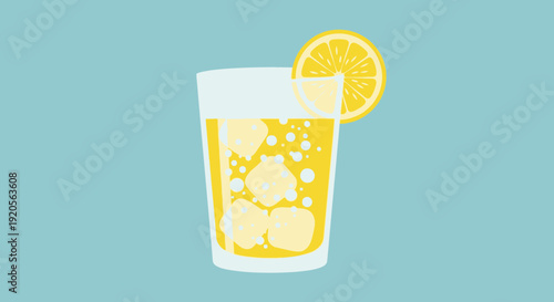 Refreshing glass of cold lemonade with ice cubes and a lemon slice on a light blue background