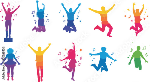Set of colorful jumping people silhouettes with musical notes and stars isolated on white background 