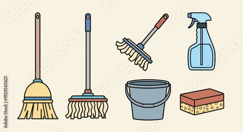 Assortment of colorful cleaning supplies including a broom, mop, spray bottle, bucket, sponge, and brush, in bright studio