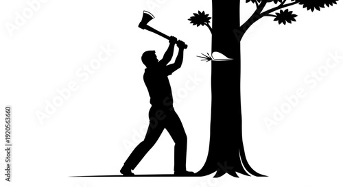 Silhouette of a man energetically chopping down a large tree with an axe, isolated white background
