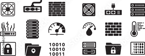 IT Infrastructure Line Icons – Server Rack, Ethernet Cable, Temperature Monitoring and Secure Storage Vector Pack.

