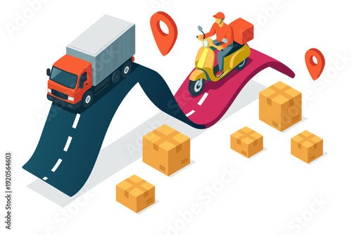 A vibrant illustration of a delivery truck and scooter navigating a winding road with packages