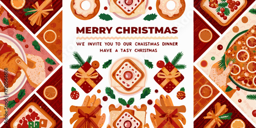 Festive christmas dinner invitation with illustrated food motifs and red accents