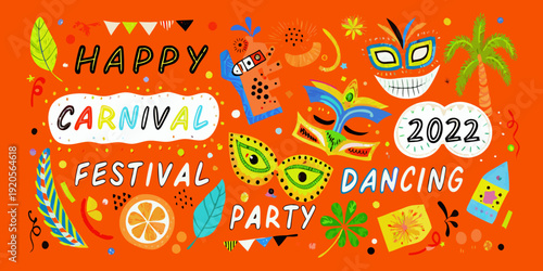 A vibrant carnival celebration illustration with masks text and tropical elements