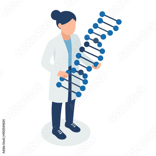 A scientist holding a large DNA model in a lab coat