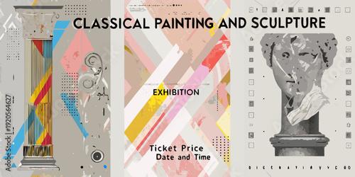 Exhibition poster featuring classical art sculpture and geometric design elements