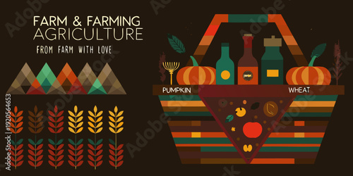 Farm and agriculture illustration with pumpkins wheat and bottled produce