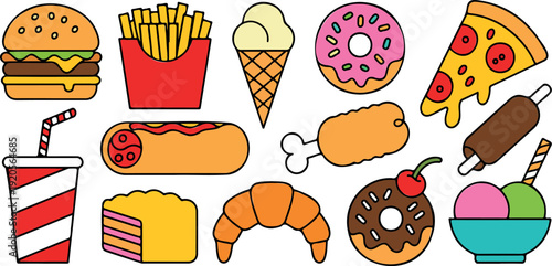 Delicious fast food combo vector illustration featuring burger, fries, drink, and cake in vibrant flat design