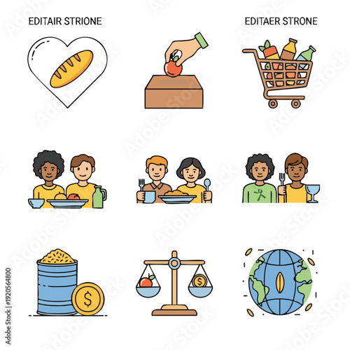Charity and Donation icon set illustration depicting community sharing, food aid, and global support from various viewpoints