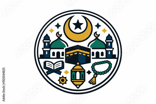 ramadan circular emblem with kaaba,mosques,quran and prayer beads