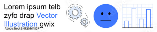 Business operations, engineering, data analytics, statistics, problem-solving, feedback systems. Gears, neutral face and bar graph on white background. Data analytics and business operations concept