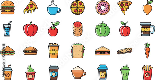 Colorful flat design food icons set with burger, pizza, drinks, ice cream, apple vector illustration