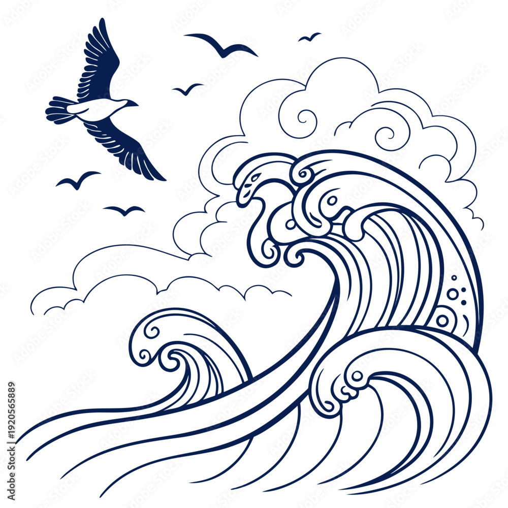 Fototapeta premium Navy blue of a large wave with seagulls flying overhead