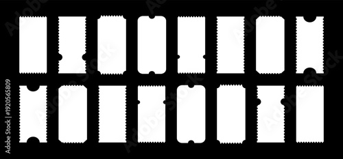 Admit ticket mockup on black background set. Pattern of tickets for cinema, theater, club, festival, casino, circus. Empty flat template. Simple boarding blank, lottery, minimalist sale coupons.