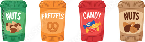 Colorful nuts and protein powder containers, flat design vector illustration for healthy lifestyle marketing