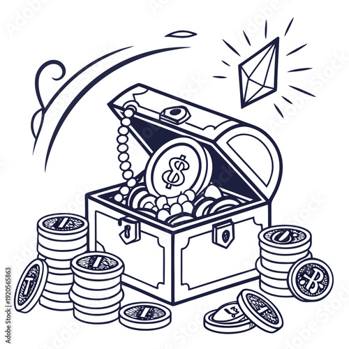 Open treasure chest filled with coins and a diamond