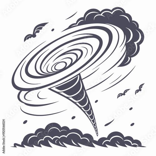 Gray swirling tornado with clouds and birds