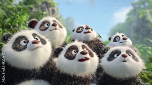 Group of pandas looking up in a lush green environment